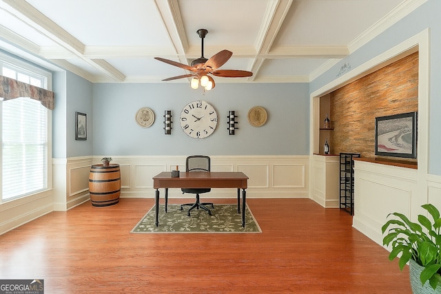 office with beamed ceiling, ceiling fan, wood finished floors, and coffered ceiling