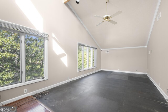 unfurnished living room with visible vents, crown molding, baseboards, and ceiling fan