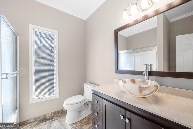 full bathroom with toilet, crown molding, a shower with door, and visible vents
