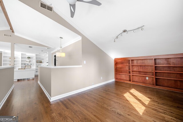 bonus room with vaulted ceiling, visible vents, built in features, and ceiling fan