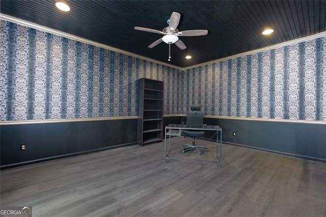 225 Nacoochee Dr, Woodstock, GA 30188 - office area with wallpapered walls, a ceiling fan, wood finished floors, and ornamental molding