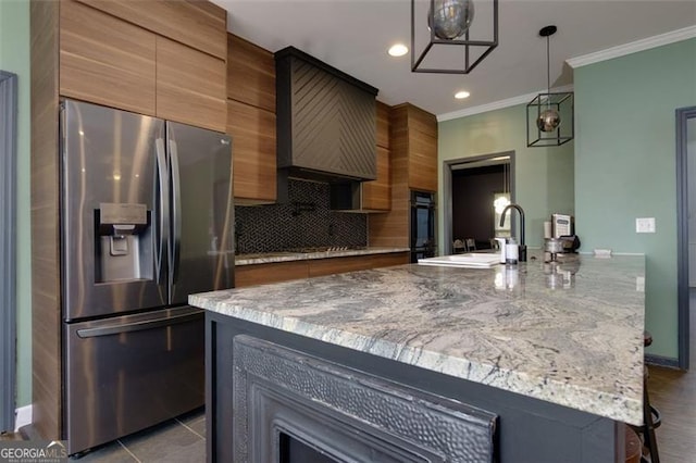 225 Nacoochee Dr, Woodstock, GA 30188 - kitchen with stainless steel fridge with ice dispenser, ornamental molding, a sink, premium range hood, and decorative backsplash