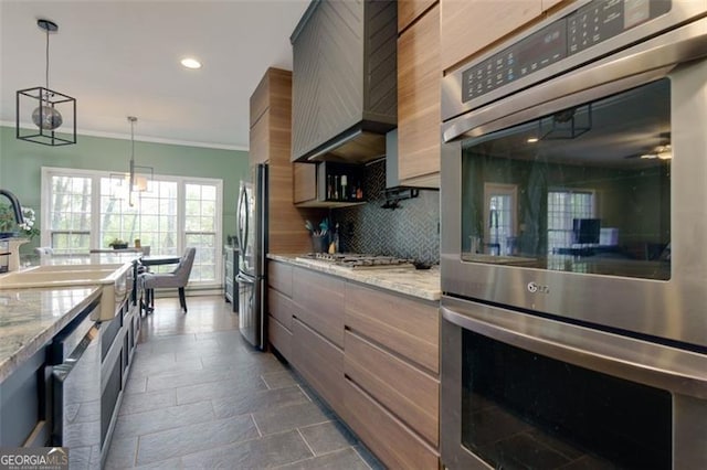 225 Nacoochee Dr, Woodstock, GA 30188 - kitchen featuring crown molding, tasteful backsplash, modern cabinets, stainless steel appliances, and recessed lighting