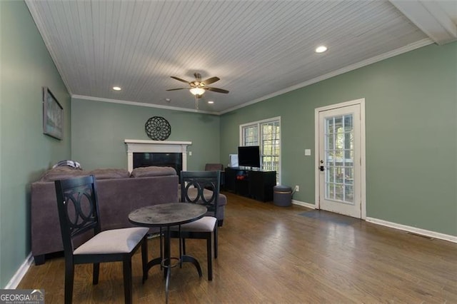 225 Nacoochee Dr, Woodstock, GA 30188 - dining space with a glass covered fireplace, baseboards, recessed lighting, wood finished floors, and ceiling fan