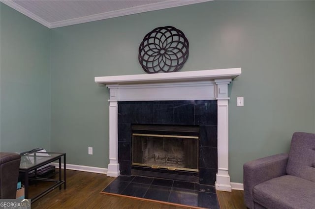 225 Nacoochee Dr, Woodstock, GA 30188 - interior details featuring baseboards, ornamental molding, wood finished floors, and a fireplace