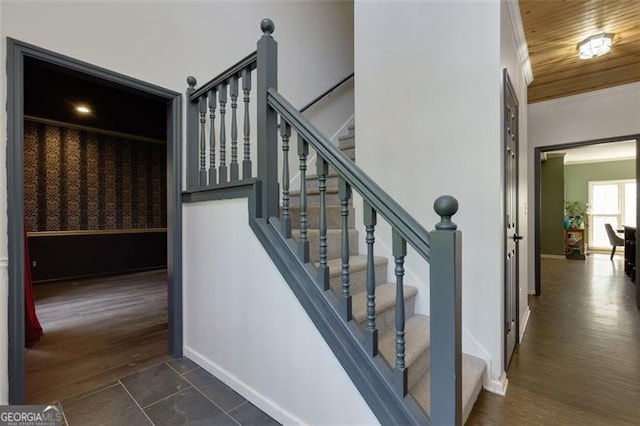 225 Nacoochee Dr, Woodstock, GA 30188 - stairs featuring wood ceiling, wood finished floors, and baseboards