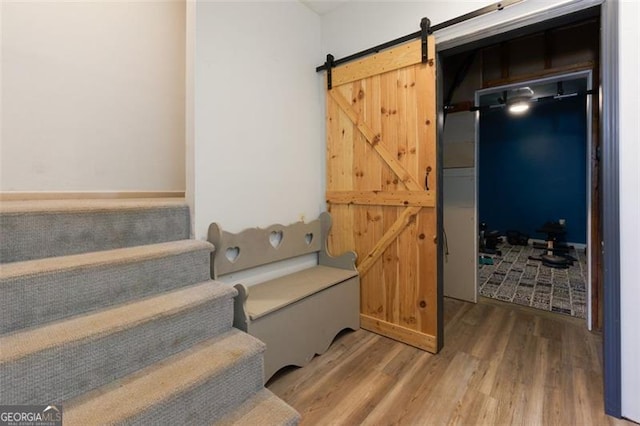 225 Nacoochee Dr, Woodstock, GA 30188 - staircase featuring wood finished floors and a barn door