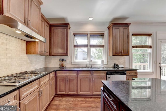 2725 Monet Dr, Cumming, GA 30041 - kitchen featuring crown molding, a sink, appliances with stainless steel finishes, and under cabinet range hood