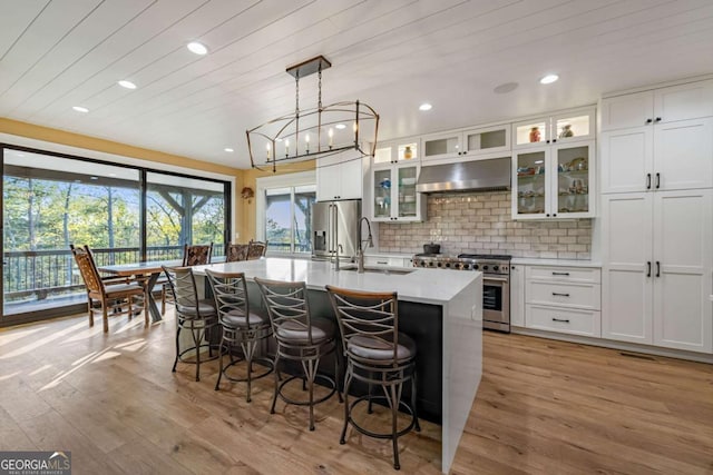kitchen with recessed lighting, under cabinet range hood, stainless steel appliances, and a kitchen island with sink