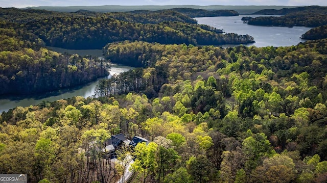 drone / aerial view with a wooded view and a water view