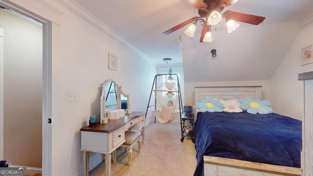 bedroom with a ceiling fan, carpet floors, and ornamental molding