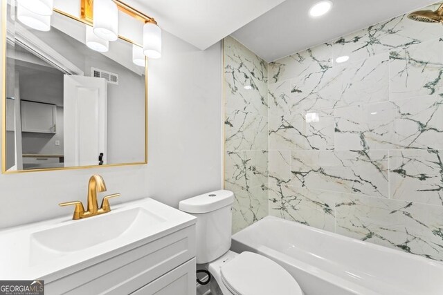 bathroom with toilet, bathtub / shower combination, visible vents, recessed lighting, and vanity