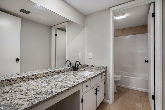 bathroom with vanity, shower / bath combination, toilet, tile patterned flooring, and visible vents
