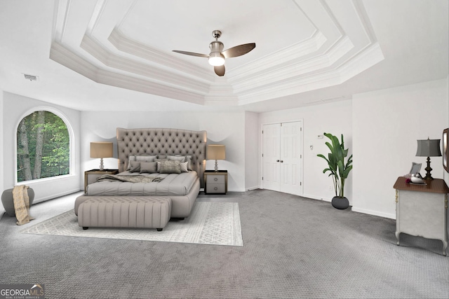515 Old Chartwell Xing, Alpharetta, GA 30022 - carpeted bedroom with visible vents, a ceiling fan, baseboards, and a tray ceiling