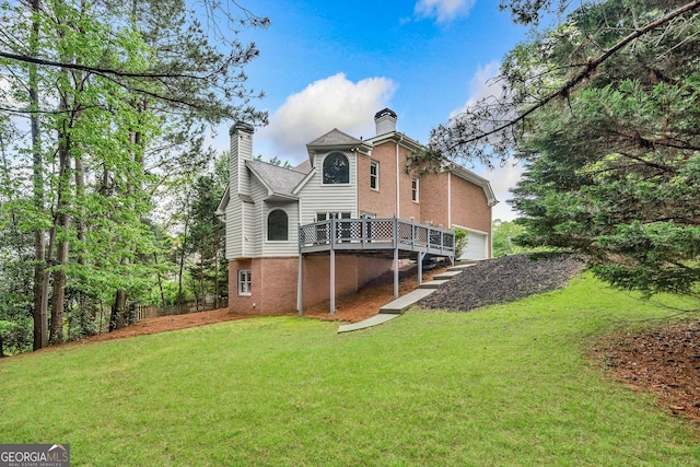 515 Old Chartwell Xing, Alpharetta, GA 30022 - rear view of property featuring a lawn, a garage, a chimney, and a deck