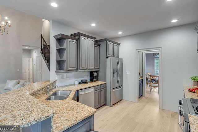 200 Piedmont Ave, Gainesville, GA 30501 - kitchen featuring open shelves, a sink, light wood finished floors, a peninsula, and appliances with stainless steel finishes