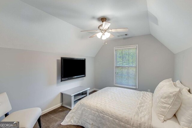 200 Piedmont Ave, Gainesville, GA 30501 - bedroom featuring dark carpet, vaulted ceiling, visible vents, baseboards, and ceiling fan