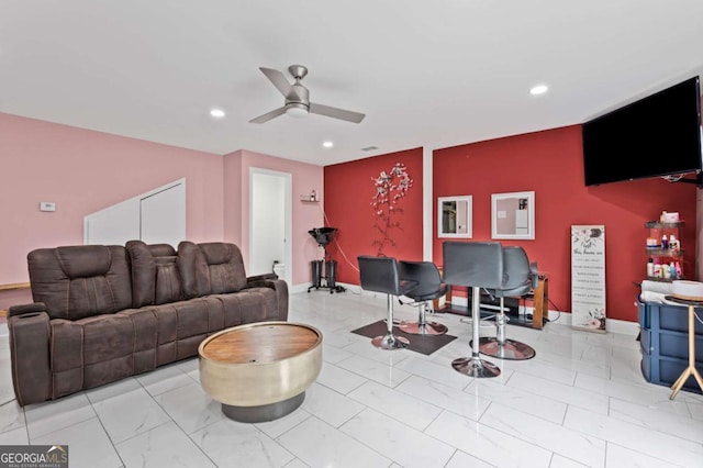 3999 Wabash Ln, Ellenwood, GA 30294 - living area featuring marble finish floor, baseboards, a ceiling fan, and recessed lighting
