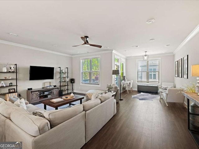 living room featuring recessed lighting, dark wood-style flooring, crown molding, baseboards, and ceiling fan