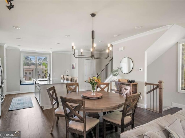 dining space featuring baseboards, stairs, crown molding, and dark wood-style floors