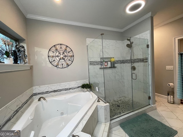 full bathroom featuring baseboards, a shower stall, a jetted tub, and ornamental molding
