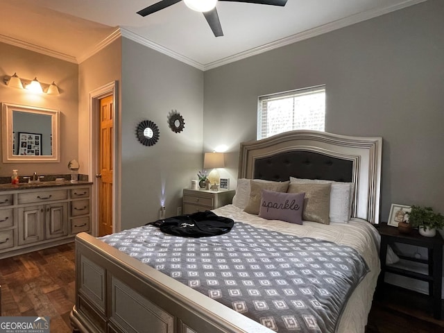 bedroom featuring dark wood-type flooring, crown molding, and a sink
