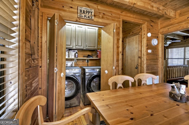 638 Cohutta Mountain Rd, Blue Ridge, GA 30513 - dining space with wood finished floors, rustic walls, washer and dryer, beamed ceiling, and wooden ceiling
