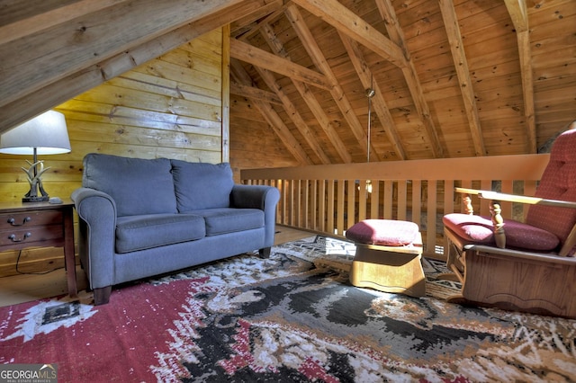 638 Cohutta Mountain Rd, Blue Ridge, GA 30513 - living area featuring wood ceiling, wood walls, and vaulted ceiling with beams