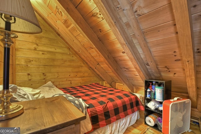 638 Cohutta Mountain Rd, Blue Ridge, GA 30513 - bedroom with wood ceiling, lofted ceiling with beams, wood finished floors, and wooden walls