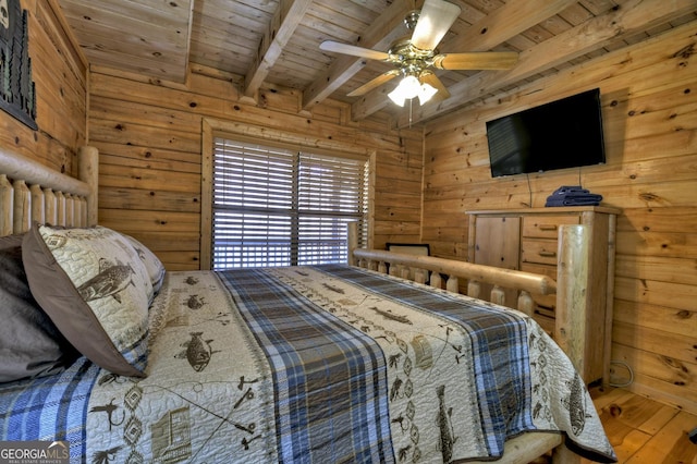638 Cohutta Mountain Rd, Blue Ridge, GA 30513 - bedroom with beamed ceiling, wooden walls, and wood finished floors