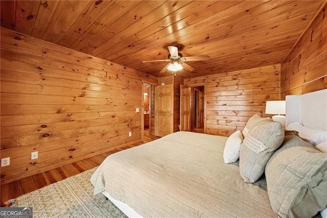 bedroom featuring wood ceiling, ceiling fan, wood finished floors, and wooden walls