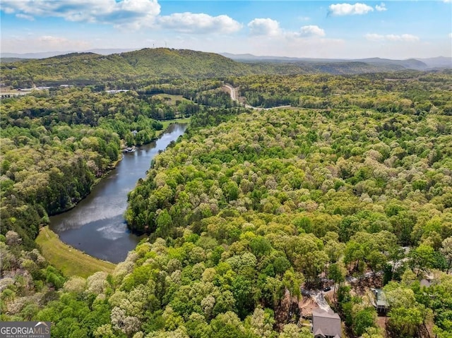 birds eye view of property with a forest view and a water and mountain view