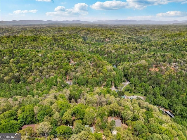 bird's eye view featuring a forest view and a mountain view