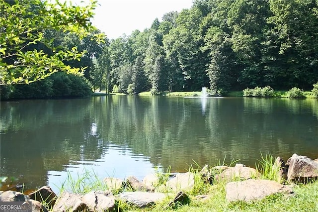 view of water feature with a forest view