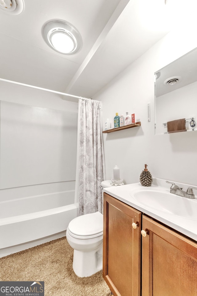 bathroom with visible vents, shower / bath combo with shower curtain, toilet, and vanity