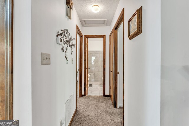 corridor featuring carpet flooring, a textured ceiling, and visible vents