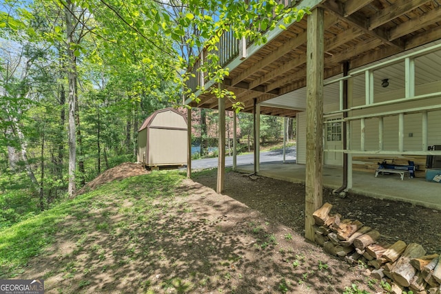 view of yard with a storage unit, a patio, and an outdoor structure