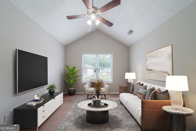 carpeted living room featuring visible vents, a ceiling fan, a textured ceiling, and lofted ceiling