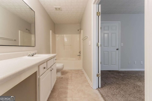 bathroom with toilet, bathtub / shower combination, visible vents, tile patterned flooring, and vanity