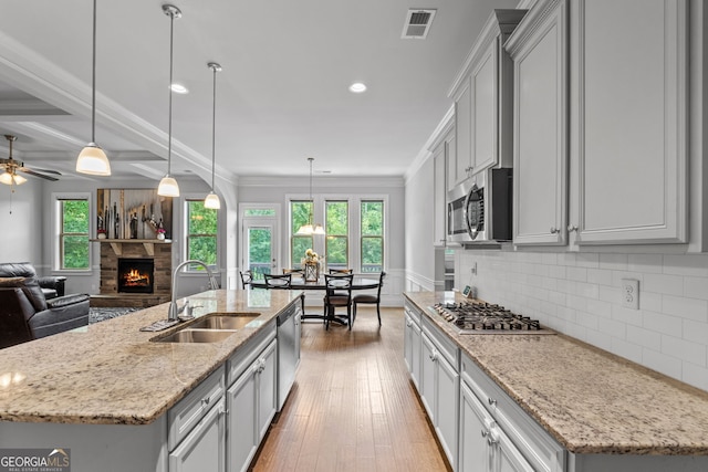 279 Sturry Dr, Mcdonough, GA 30252 - kitchen with stainless steel appliances, a healthy amount of sunlight, a sink, a fireplace, and open floor plan