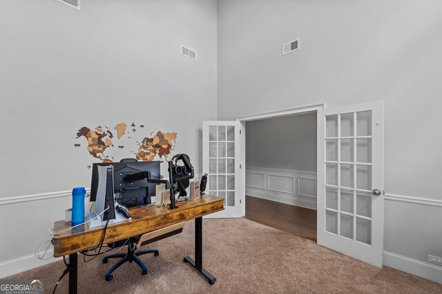 279 Sturry Dr, Mcdonough, GA 30252 - office featuring carpet, visible vents, french doors, and a high ceiling