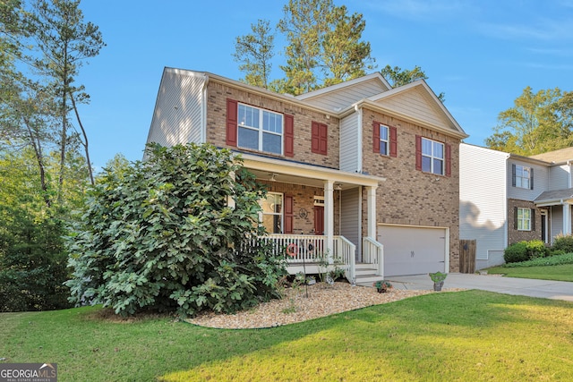 view of front facade featuring a porch, a front lawn, a garage, driveway, and brick siding