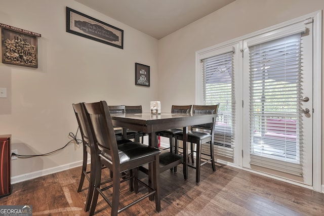 dining area featuring wood finished floors and baseboards