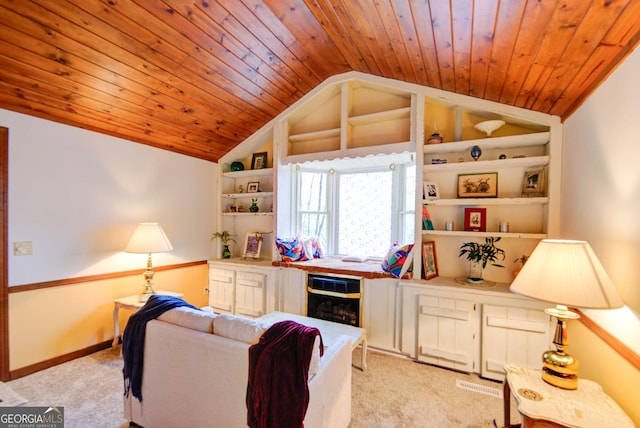 63 Eagle Chase Cir, Dillard, GA 30537 - living area with vaulted ceiling, built in features, wood ceiling, and light colored carpet