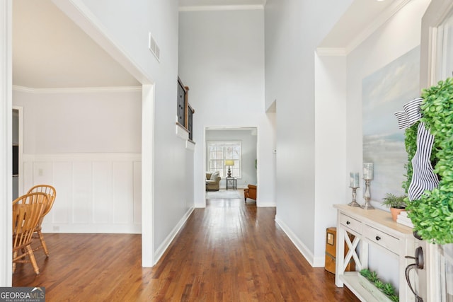 108 Turnberry Trce, Sharpsburg, GA 30277 - hall featuring dark wood finished floors, a high ceiling, ornamental molding, and a wainscoted wall