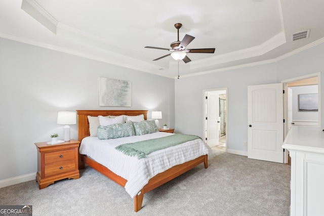 108 Turnberry Trce, Sharpsburg, GA 30277 - bedroom with a raised ceiling, crown molding, light colored carpet, ceiling fan, and ensuite bathroom