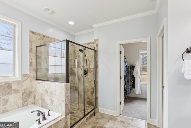 108 Turnberry Trce, Sharpsburg, GA 30277 - full bathroom with a stall shower, a bath, a spacious closet, and crown molding