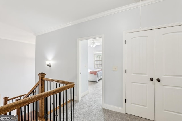 108 Turnberry Trce, Sharpsburg, GA 30277 - hall with carpet, an upstairs landing, ornamental molding, and attic access