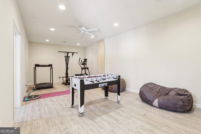 108 Turnberry Trce, Sharpsburg, GA 30277 - rec room featuring a ceiling fan, wood finished floors, and recessed lighting