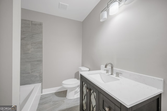 bathroom featuring visible vents, baseboards, walk in shower, toilet, and vanity